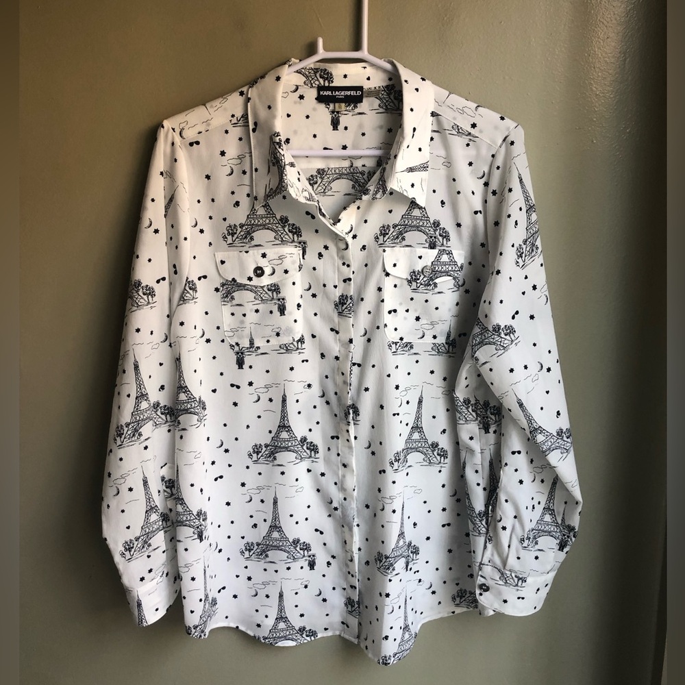 Karl Lagerfeld White Long Sleeve Button Shirt Paris Eiffel Tower Size: XL